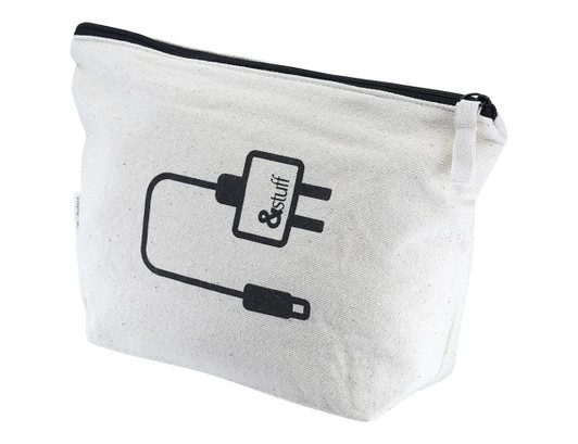 A white tech pouch with a zipper and graphics of a plug and cable; it includes a logo.
