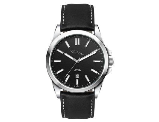 A casual unisex watch featuring a black face, silver hour markers, and a black leather strap with a logo.