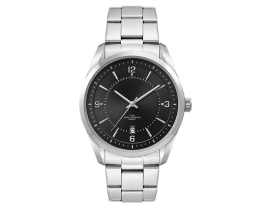A men's casual dress watch featuring a stainless steel strap and a black dial with large numerals and a logo.
