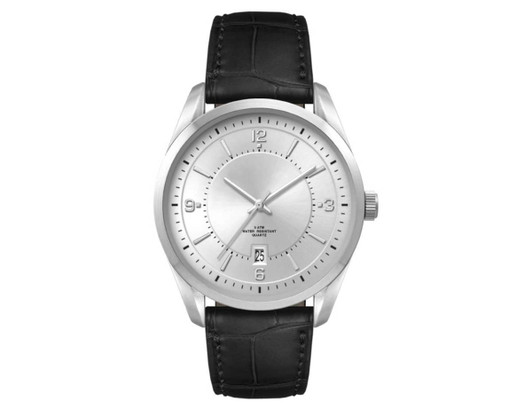A men's casual dress watch featuring a silver dial and black leather strap, with a logo on the face.