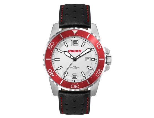 A sports watch with a white face, silver casing, and black leather strap featuring red accents and a logo.