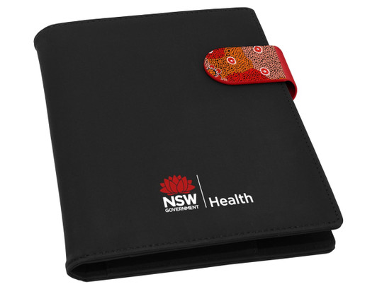 A black A5 portfolio with a colourful patterned clasp and a logo on the front.