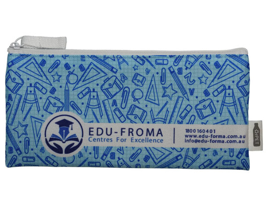 A blue pencil case featuring various office supplies illustrations and a logo, with a zip closure.