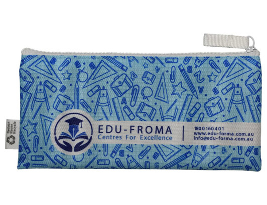 A blue pencil case featuring various school-related graphics and a logo, zippered for closure.