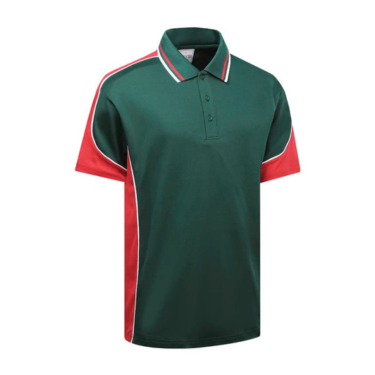 A green polo shirt with red sleeves and white detailing, featuring a collar and buttons, includes a logo.