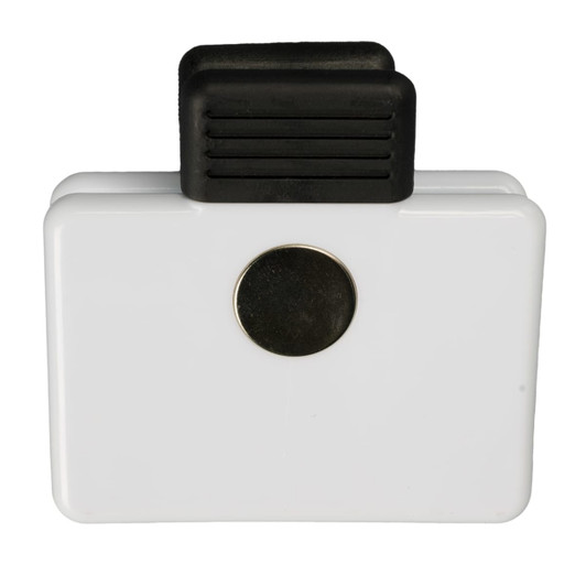A Crest Magnetic Clip in white with a black grip and a metal magnet on the back.