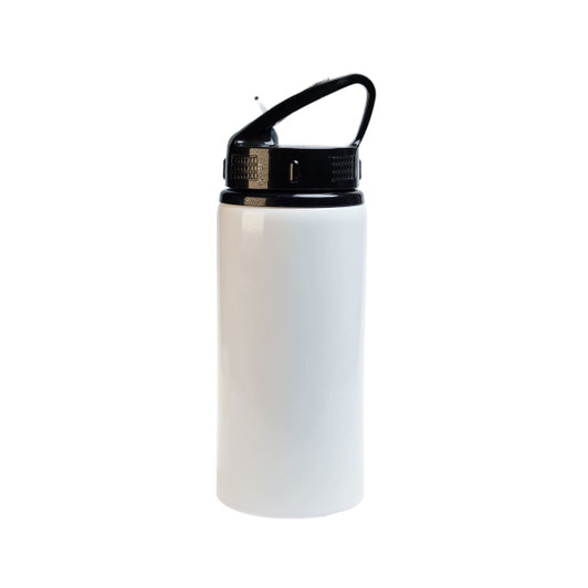 A drink bottle with a black flip straw lid and a sleek white body. It features a handle for easy carrying.