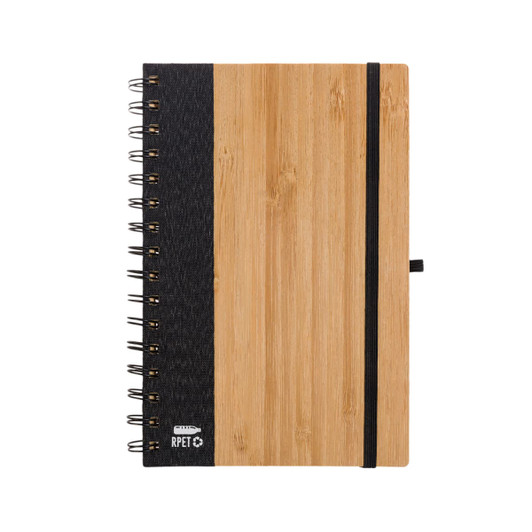 A spiral-bound A5 notebook with a bamboo cover and a black fabric side, featuring a black elastic band closure.