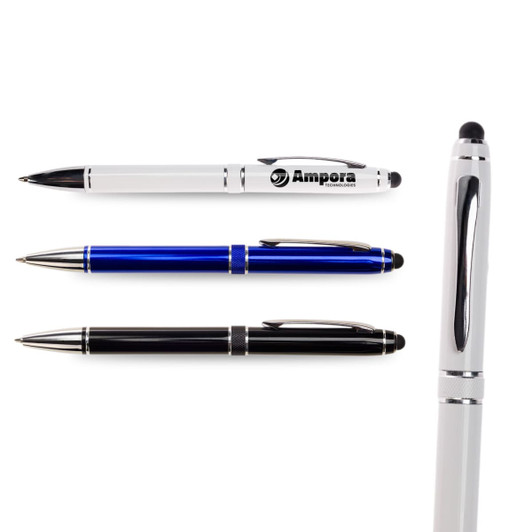 A collection of three metal pens in white, blue, and black, featuring a logo on one pen.