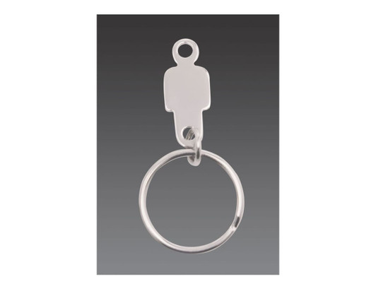 A silver keyring featuring a figure-shaped attachment, designed as a housekeeper keyring. It has a single metal ring.