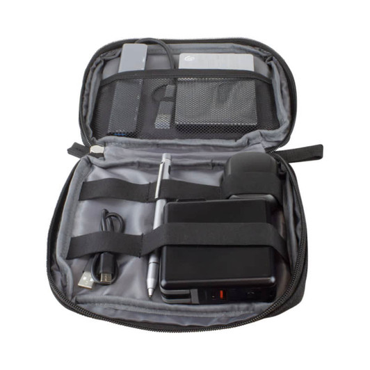 An XL eco accessory pouch in grey, featuring compartments for a power bank, cables, and a pen. Includes a logo.