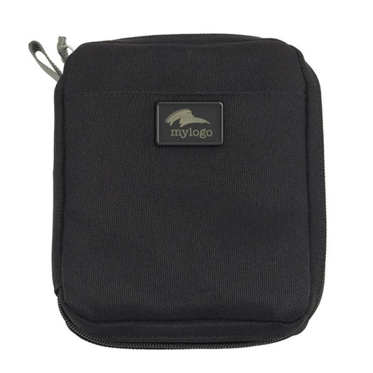 A black eco accessory pouch with a zip closure and a logo on the front.
