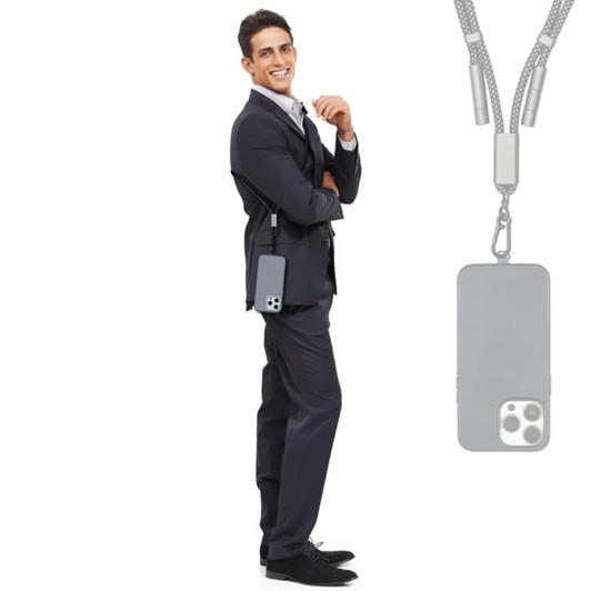 A grey eco phone strap with a charging and data cable hangs from a man in a suit. The strap features a sleek design.