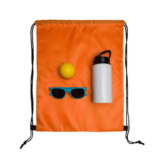 A drawstring backpack in orange with a yellow ball, a white drink bottle, and blue sunglasses.