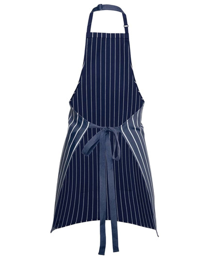 A navy blue striped apron featuring a pocket and adjustable neck strap. It has a tied waist and a branding logo.