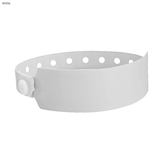 A white vinyl wristband with a snap closure and multiple holes for adjustability. Features a logo.