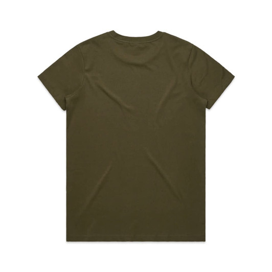 An olive green T-shirt with a plain back, featuring a subtle logo.