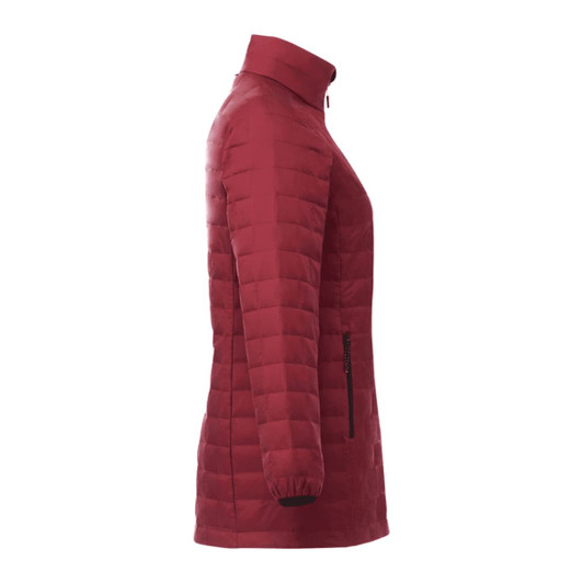 A women's lightweight packable insulated puffer jacket in a rich burgundy colour, featuring a high collar and side pockets.