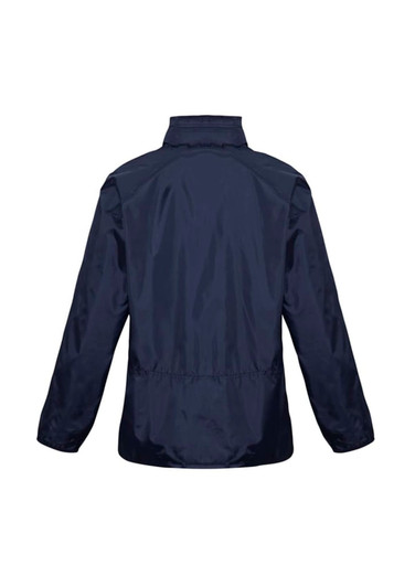 A navy unisex Spinnaker jacket with a simple design, featuring a logo on the back and a cinched waist.