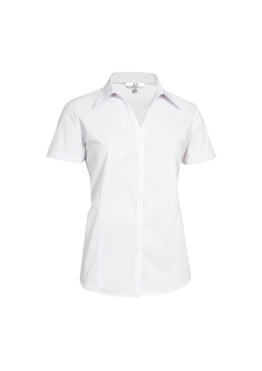 A white short sleeve button-up shirt for women, featuring a classic collar and a logo on the chest.