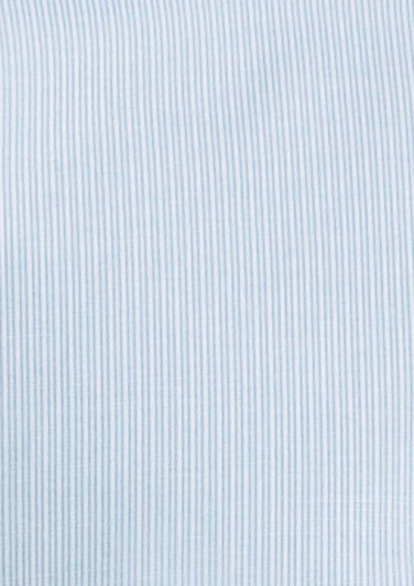 A light blue button-up shirt with a subtle striped pattern. The shirt features short sleeves and has a logo.