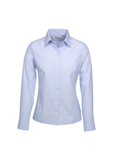 A pale blue women's button-up shirt with long sleeves and a collar, featuring a branding logo.