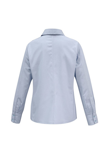 A light blue women's button-up long sleeve shirt with a collar and buttoned cuffs, featuring a branding logo.