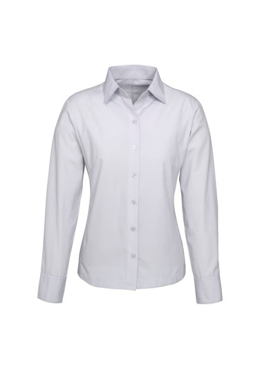 A long sleeve button-up shirt in light grey, featuring a collar and a front placket with buttons. It has a logo.