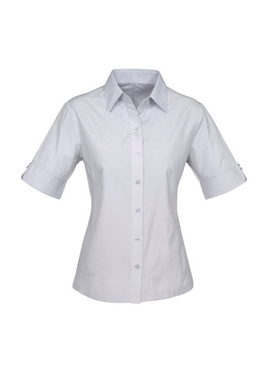 A light grey short-sleeve button-up shirt with a collar and rolled sleeves. It features a logo on the chest.