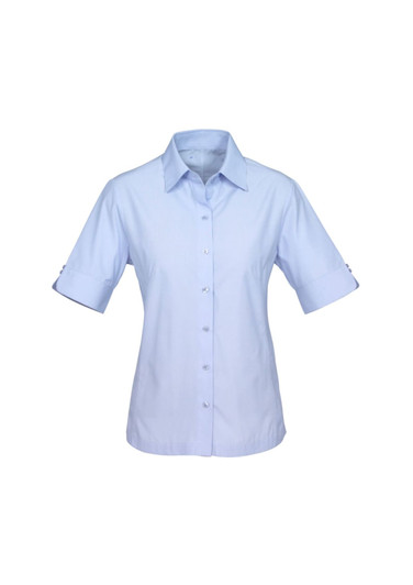 A light blue short sleeve button-up shirt with rolled cuffs and a subtle logo.