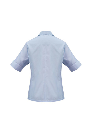 A light blue women's button-up shirt with short sleeves and a back view. Features a logo on the upper back.