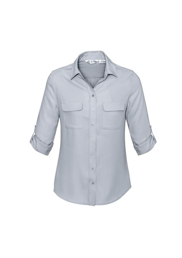 A light grey women's button-up long sleeve shirt with two chest pockets and rolled-up sleeves.