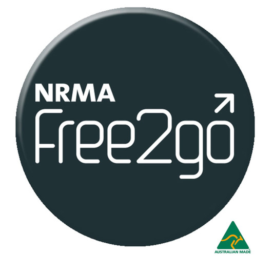 A 90mm black button badge featuring the NRMA Free2go branding and an Australian Made logo.