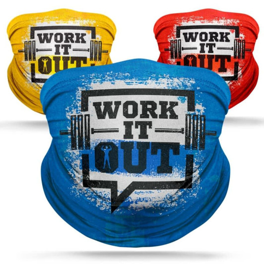 Three neck gaiters in blue, yellow, and red, featuring a logo with gym weights and motivational text.