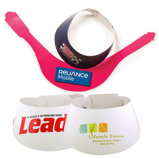 Three sun visors in pink and white, featuring various logos and branding.
