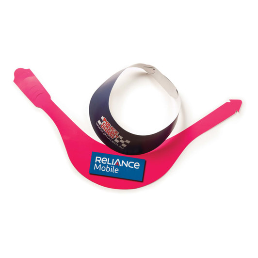A pink sun visor with a black band and a logo. The visor has a curved shape and adjustable ends.