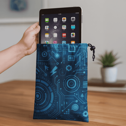 A blue microfibre pouch with a geometric design, holding a tablet, featuring a drawstring closure.