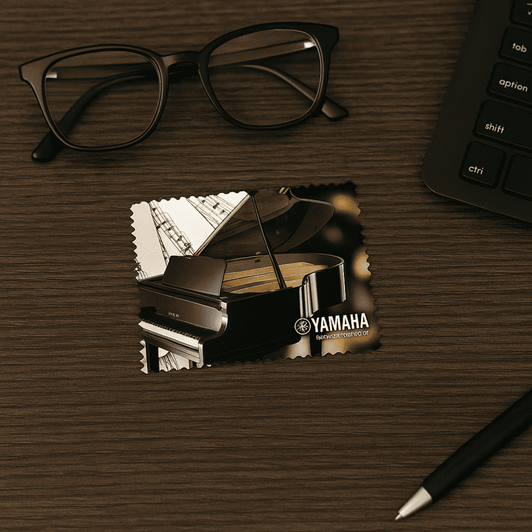A promotional card featuring a grand piano and the Yamaha logo, placed on a wooden surface with glasses and a keyboard nearby.