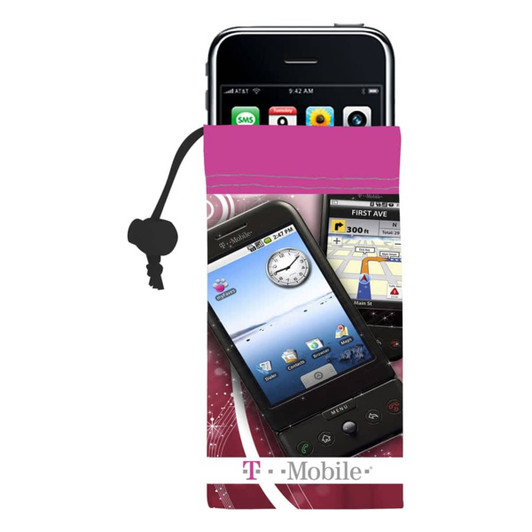 A pink microfibre pouch for mobile phones and cameras, featuring images of smartphones and a logo.