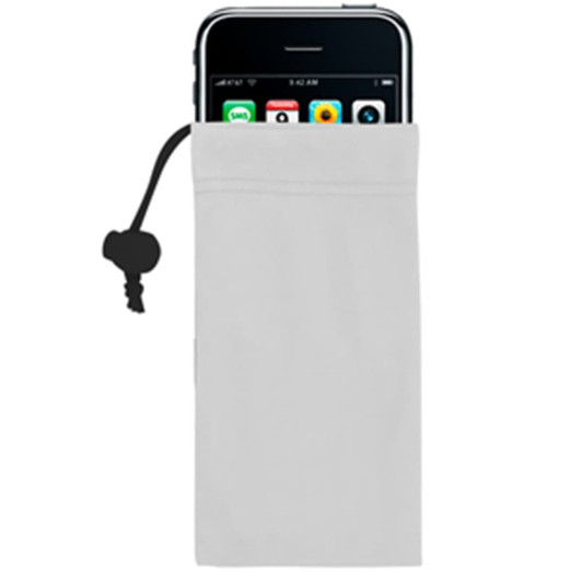 A grey microfibre pouch designed to hold a mobile phone, featuring a drawstring closure and an attached key.