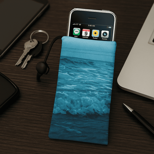 A turquoise microfibre pouch with a wave design, housing a mobile phone, alongside keys and stationery on a desk.