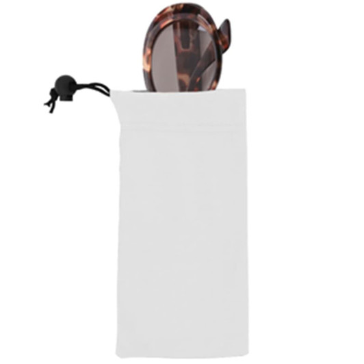A white microfibre sunglass pouch with a pair of glasses partially visible inside. Features a drawstring closure.