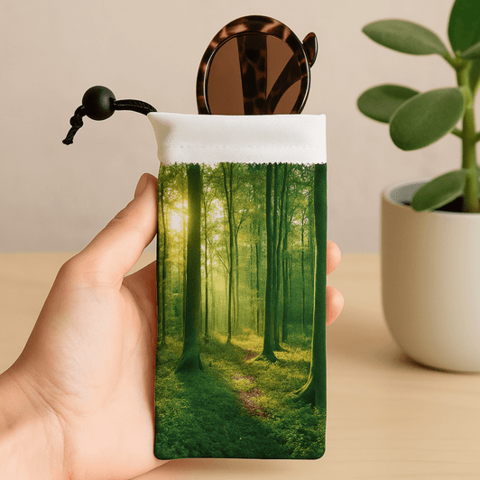 A green micro fibre sunglass pouch with a forest design, holding a pair of sunglasses, featuring a drawstring.
