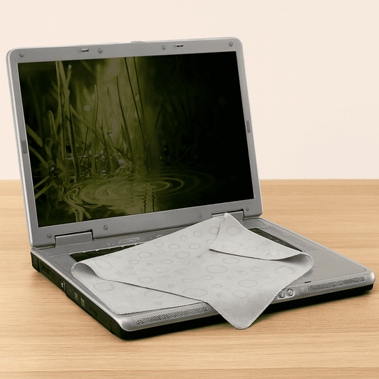 A grey microfibre laptop screen protector placed over an open laptop on a wooden surface.