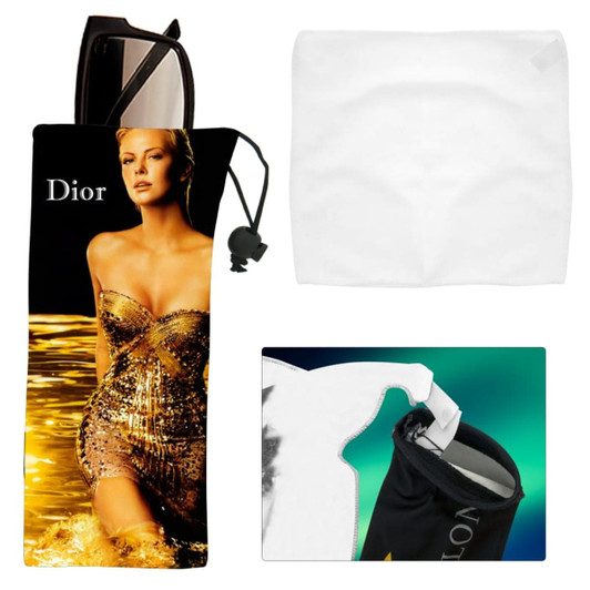 A black micro fibre pouch with a drawstring and a white cleaning cloth, featuring a logo.