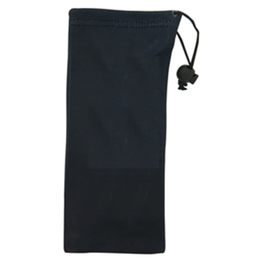 A black microfibre sunglass pouch with a drawstring closure, designed for storing sunglasses.