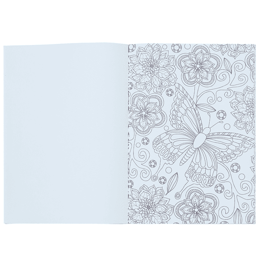 A4 colouring book featuring intricate floral and butterfly designs in black and white on its pages.