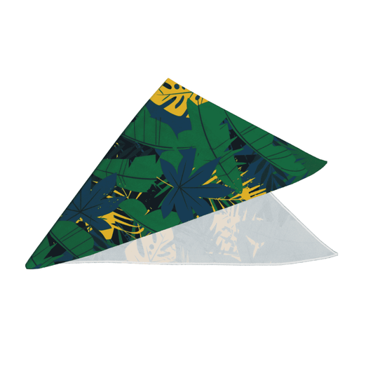 A green and yellow patterned cooling bandana featuring tropical leaves and a logo.