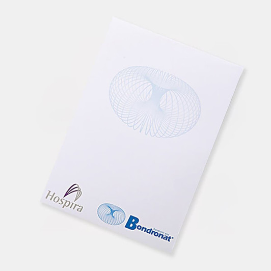 A5 notepad featuring a light design with a logo, consisting of 25 leaves in total.