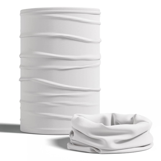 A white tubular bandana with a textured design, presented in a cylindrical shape and a folded format.